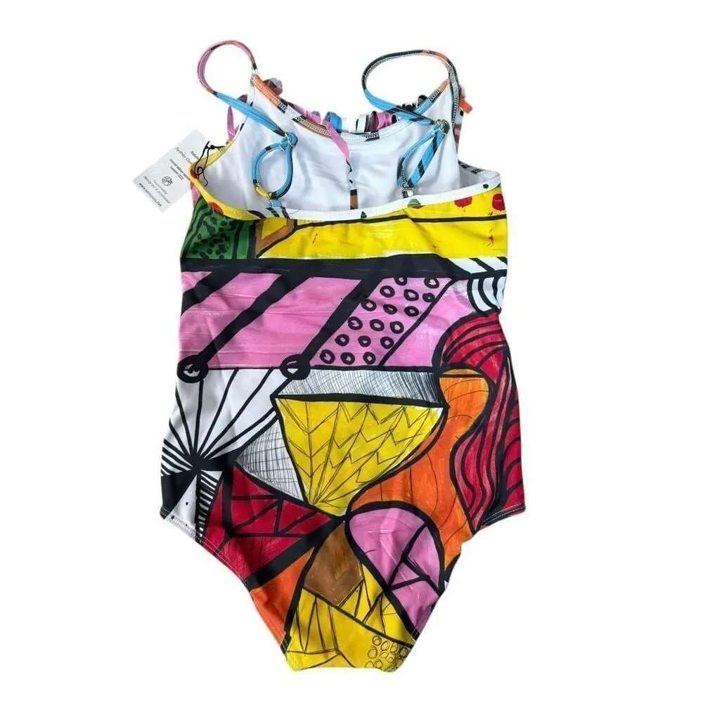 Swiminista X James Peter Henry girls Sydney print fringe swimsuit L New